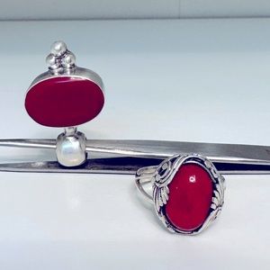 Coral 925 Sterling Silver Set of Ring and Pendant